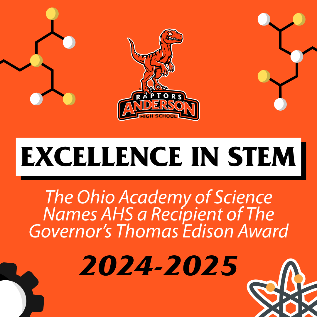 Graphic with the AHS logo that says "excellence in STEM: The Ohio academy of science names AHS a recipient of the governor's Thomas Edison award 2024-2025"